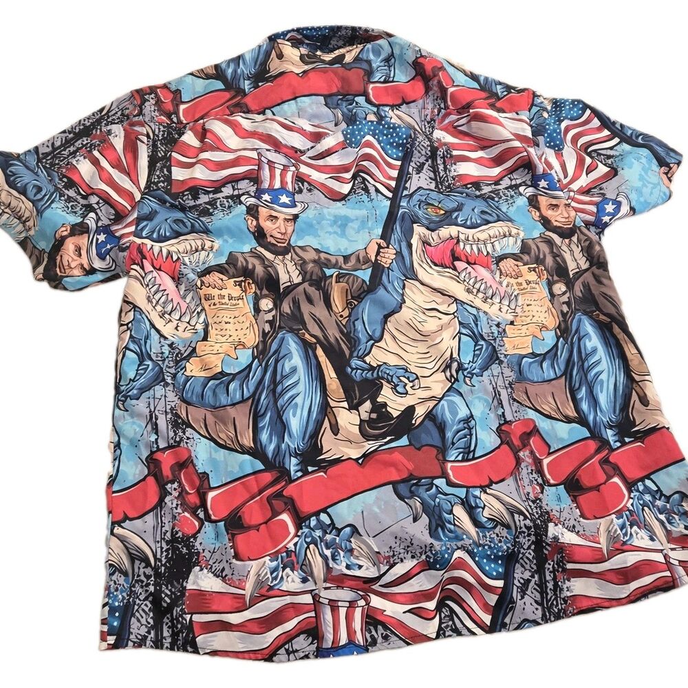 Patriotic Dinosaur Abraham Lincoln Flag Print Men's M Button Down Shirt Medium